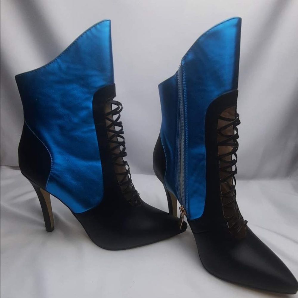 Metallic blue and black boots